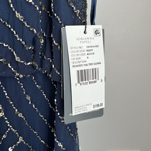 Adrianna Papell Navy Beaded Halter Gown, NWT - Picture 4 of 6